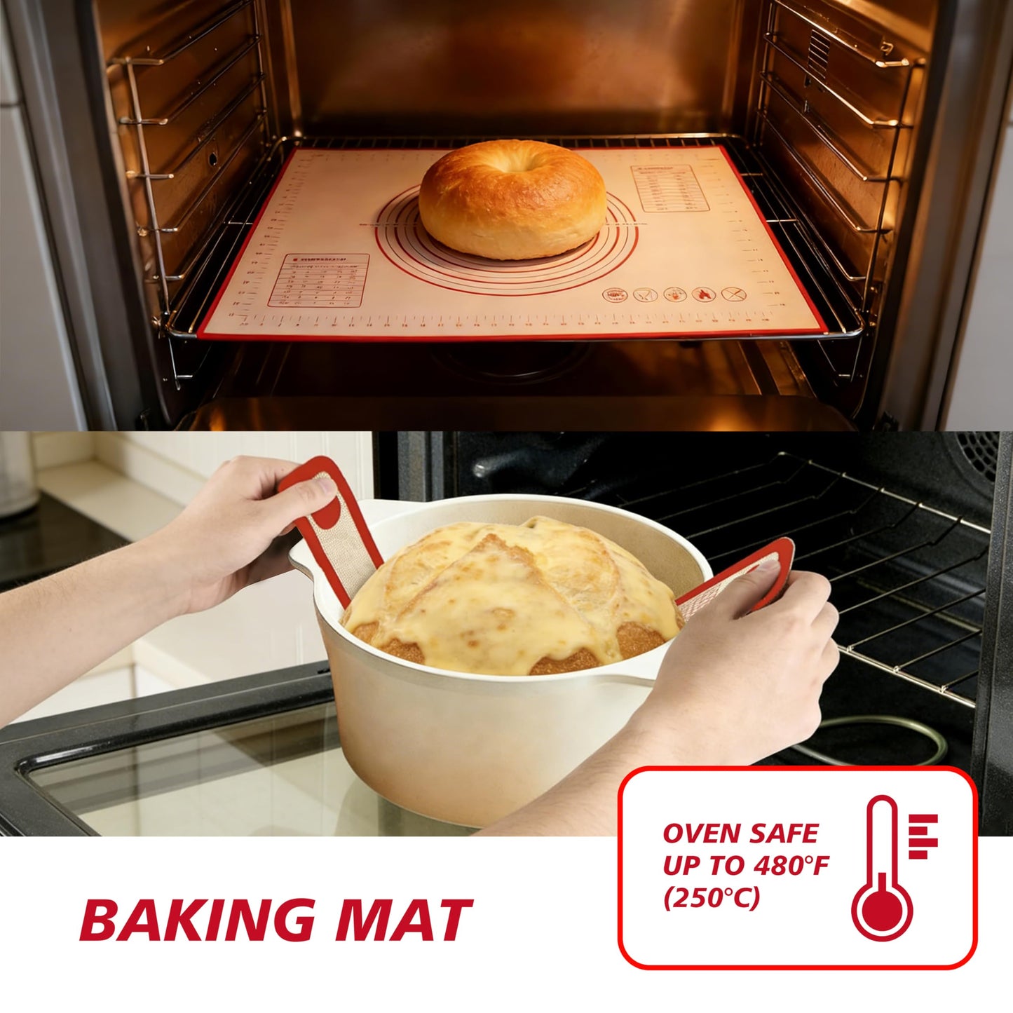 Silicone Baking Mat 3-Piece Set:1Pcs 27x19 inch Non-Slip Pastry Rolling Mat with Measurements &2Pcs Silicone Bread Sling for Sourdough Tools | Non-Stick, Dishwasher Safe, Reusable Baking Accessories