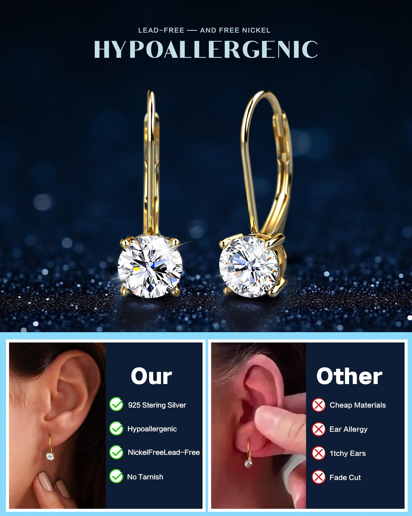Blahanna Moissanite Earrings,1.0ct-2.0ct D Color Brilliant Round Cut Earrings S925 Sterling Silver Dangle Earrings Moissanite Leverback Drop Earring gold 5mm