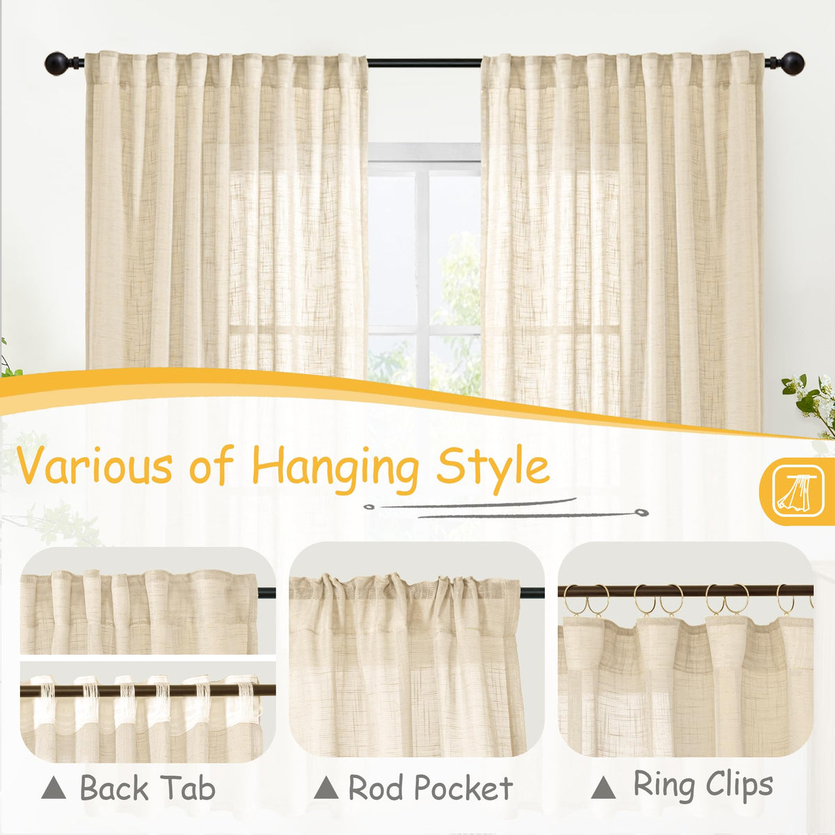 Tan Linen Semi Sheer Curtains for Farmhouse Living Room 52x84 Inch Length (2 Count)