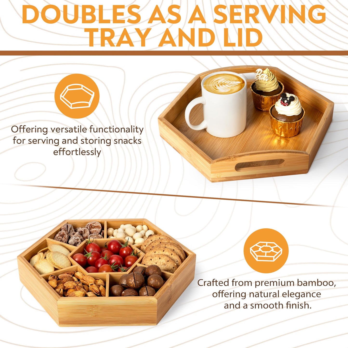 Snack and Serving Tray Set – 13" Divided Bamboo Appetizer Platter for Dry Fruit, Nuts, Cheese and Charcuterie (Bamboo, 13"x11")
