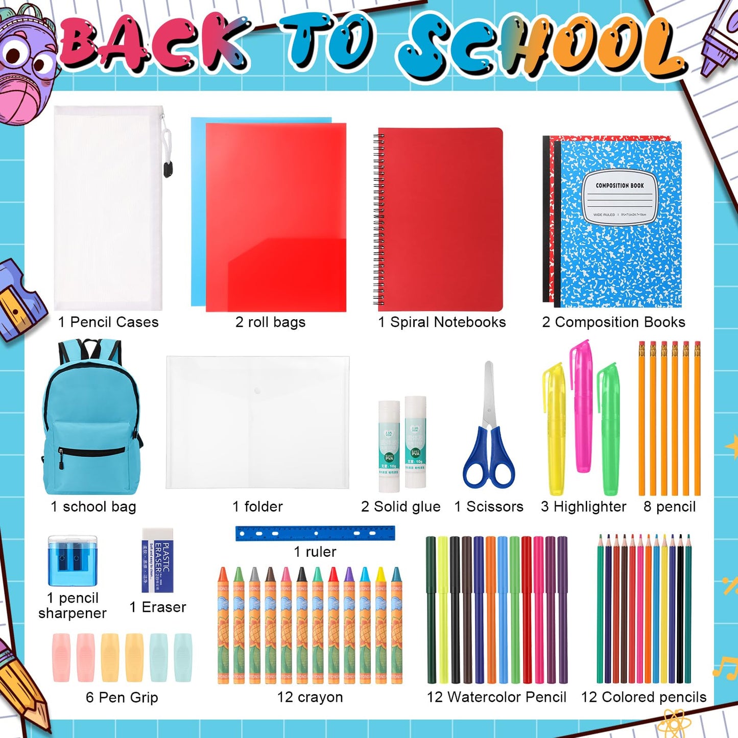 Gilprop Back to School Supplies with Backpack Kids Kindergarten Preschool Elementary Supply Bundle Kit Middle High School Notebook for K-12 Student Girl Boy Classroom(Light Blue)