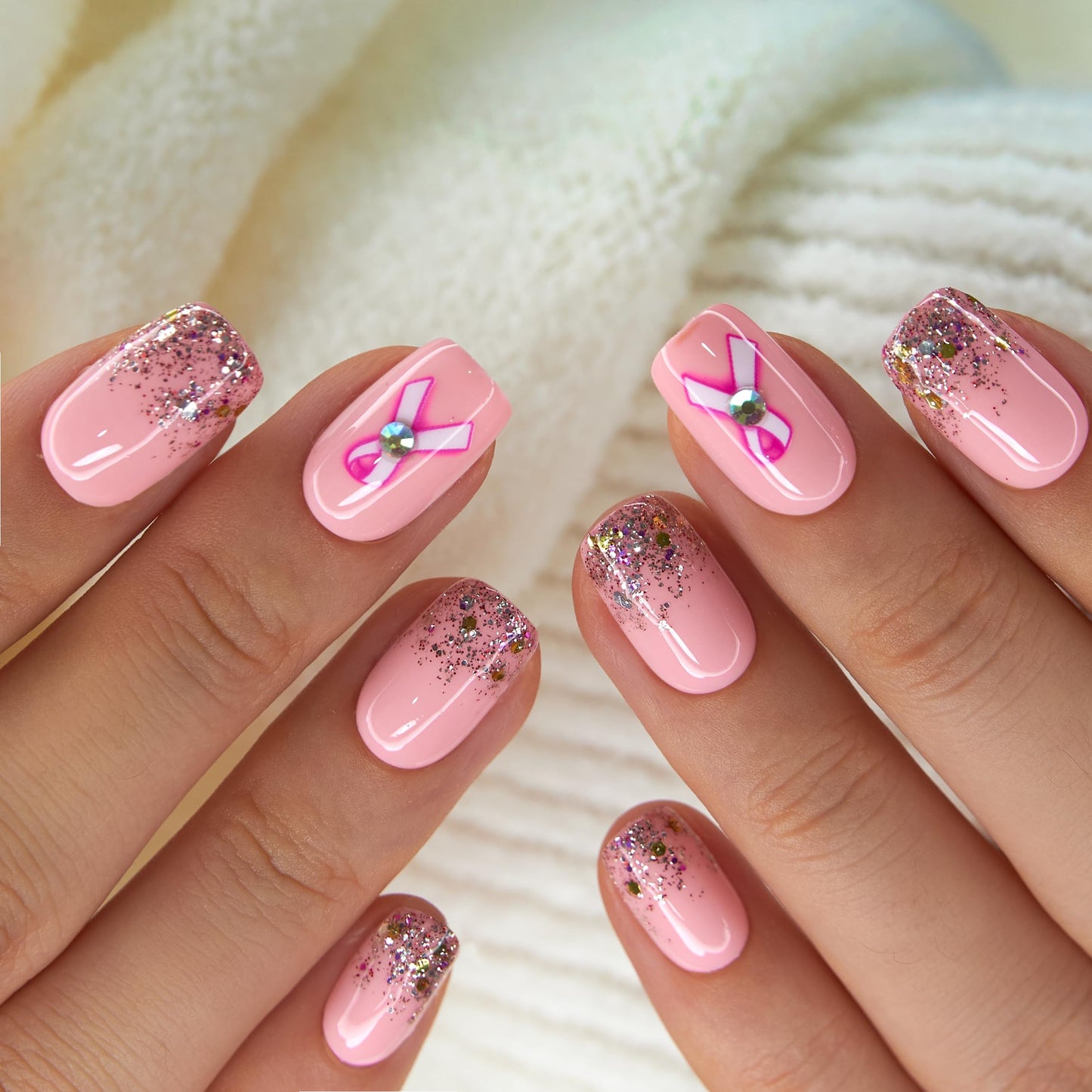 Curvlife Press On Nails Medium Square Pink - Breast Cancer Ribbon Press on Nails with Glue, Pink Ribbon Awareness Glitter Glossy Fake Nails Long Lasting False Nail Tips for Women