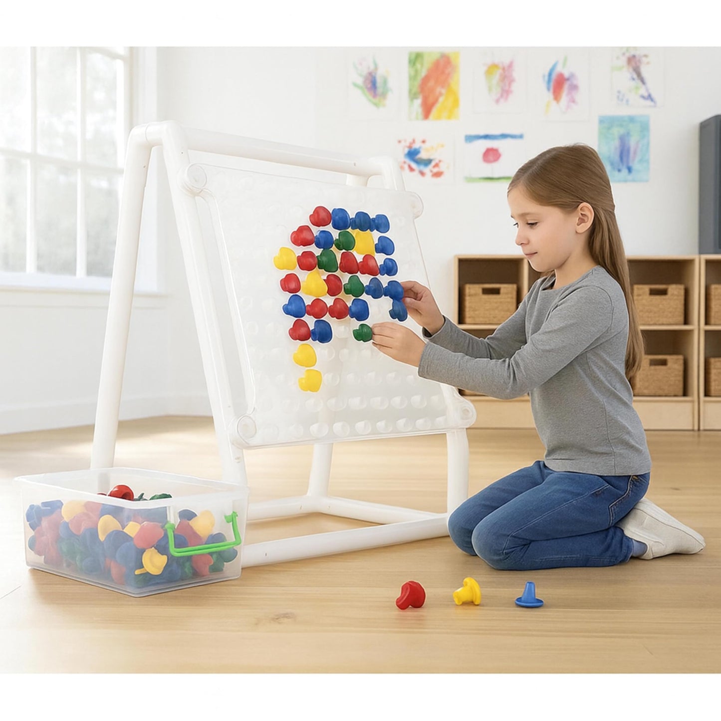 Constructive Playthings Mega Pegboard – 100 Oversized Pegs with Stand & Storage | STEM Manipulative for Math, Science & Special Needs