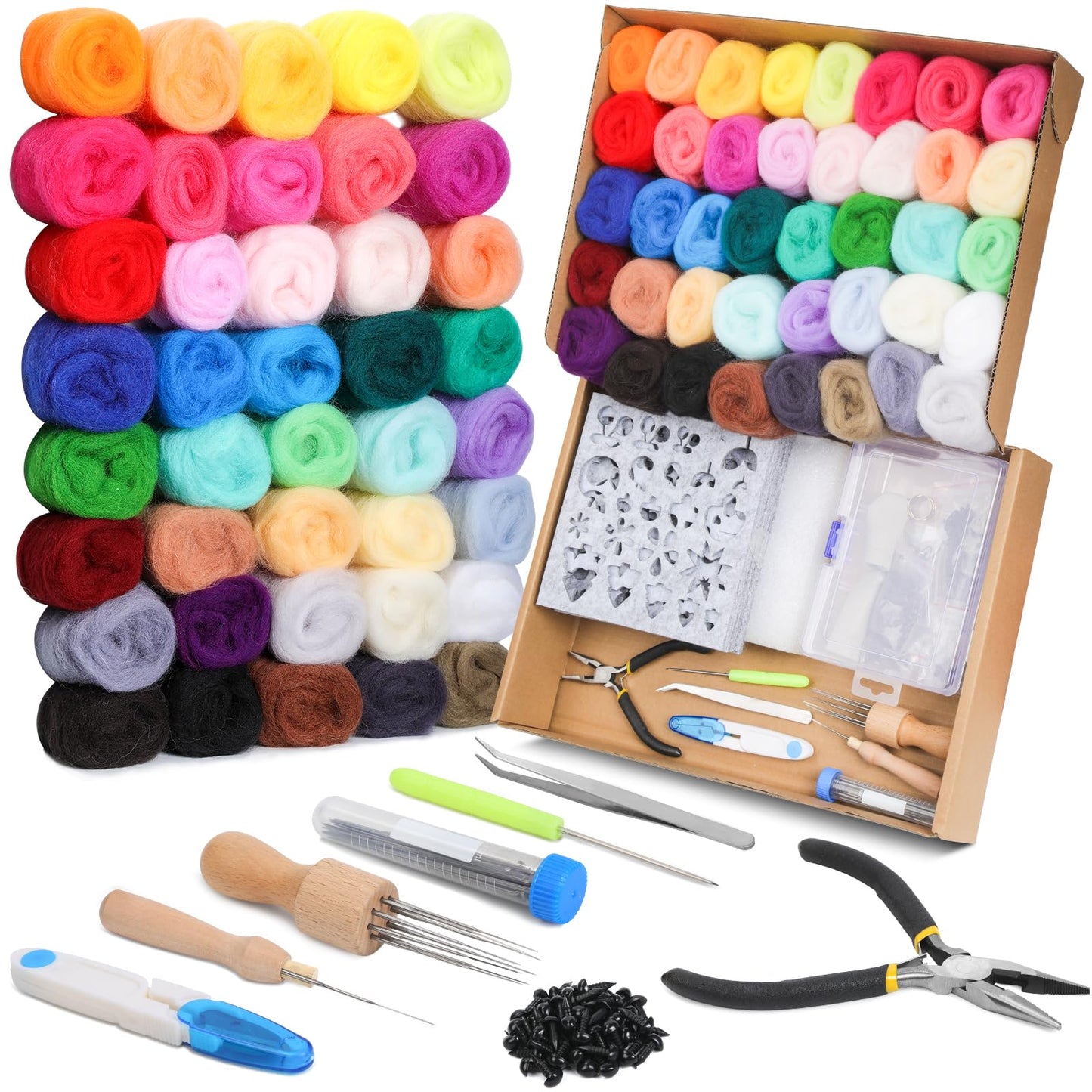 Mayboos Needle Felting Starter Kit,Wool Roving 40 Colors Set, Wool Felt Tools with Instruction Included for Felted Animal Needle Felting Supplies