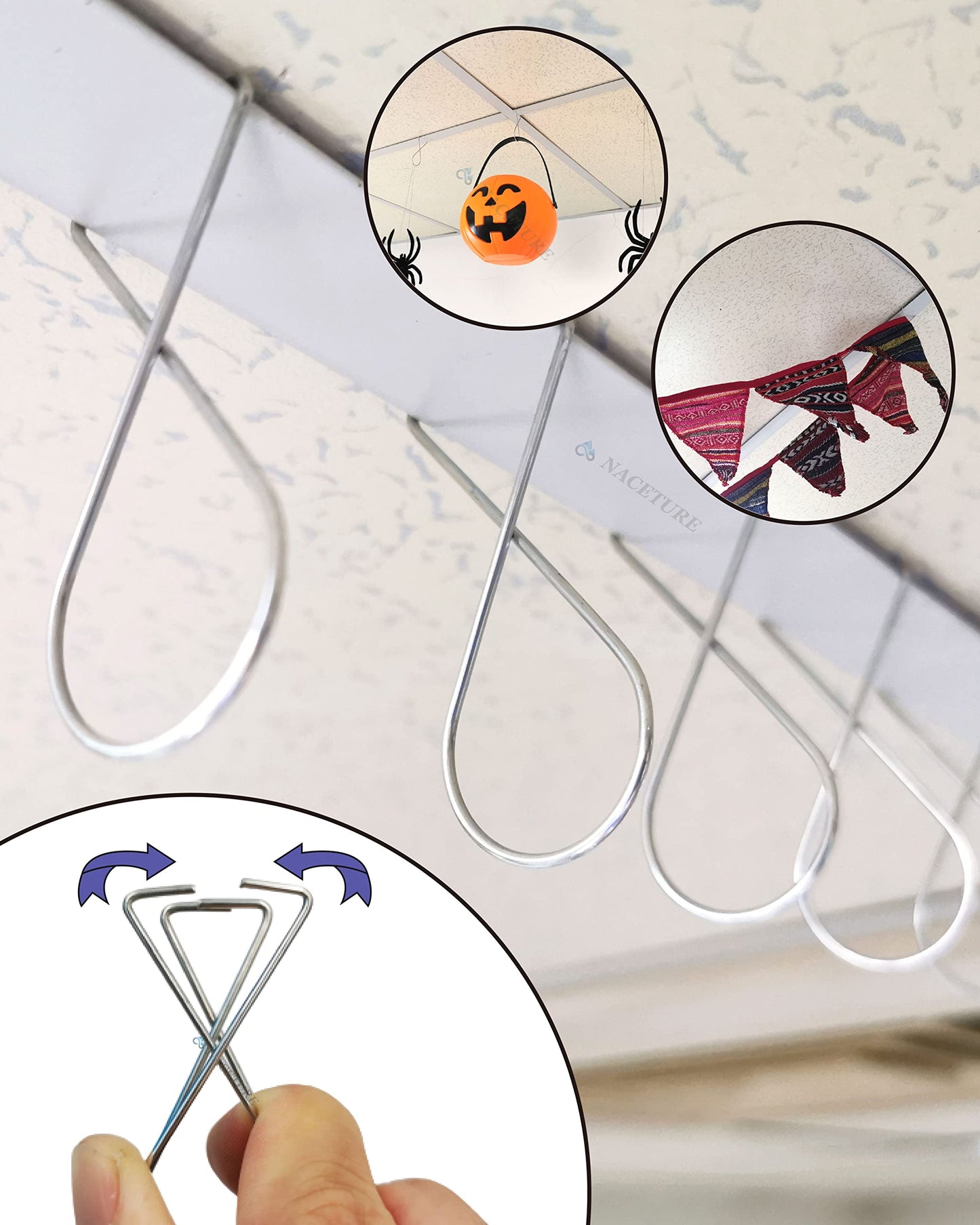 NACETURE Ceiling Hook Clips Stainless Steel - 100 Pack Drop Ceiling Hanger Hooks Hanging on Suspended Ceiling Tile, Grid for Office Home Stores Classroom and Wedding Decorations