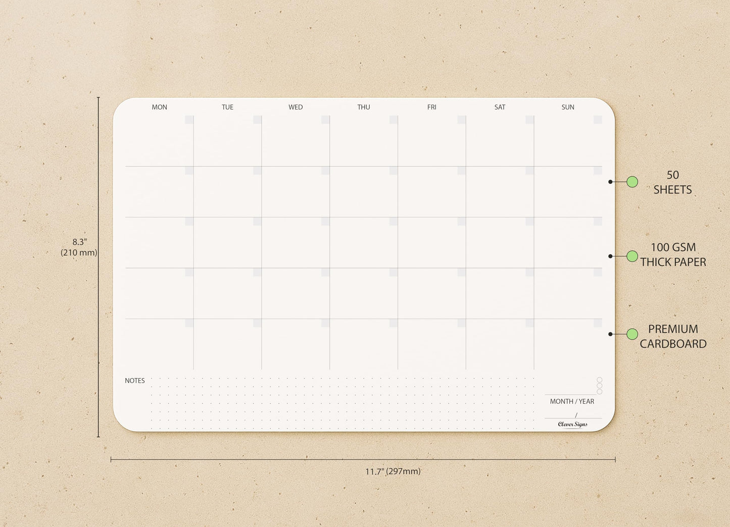 Undated Monthly Planner Notepad,Desk Calendar for Organizing&Scheduling Tasks-Productivity Tracker,Goals,Notes&To-Do Lists–A4 Size (8,3"X11,7")Premium Thick Paper with Cardboard Back Support 50 Sheets