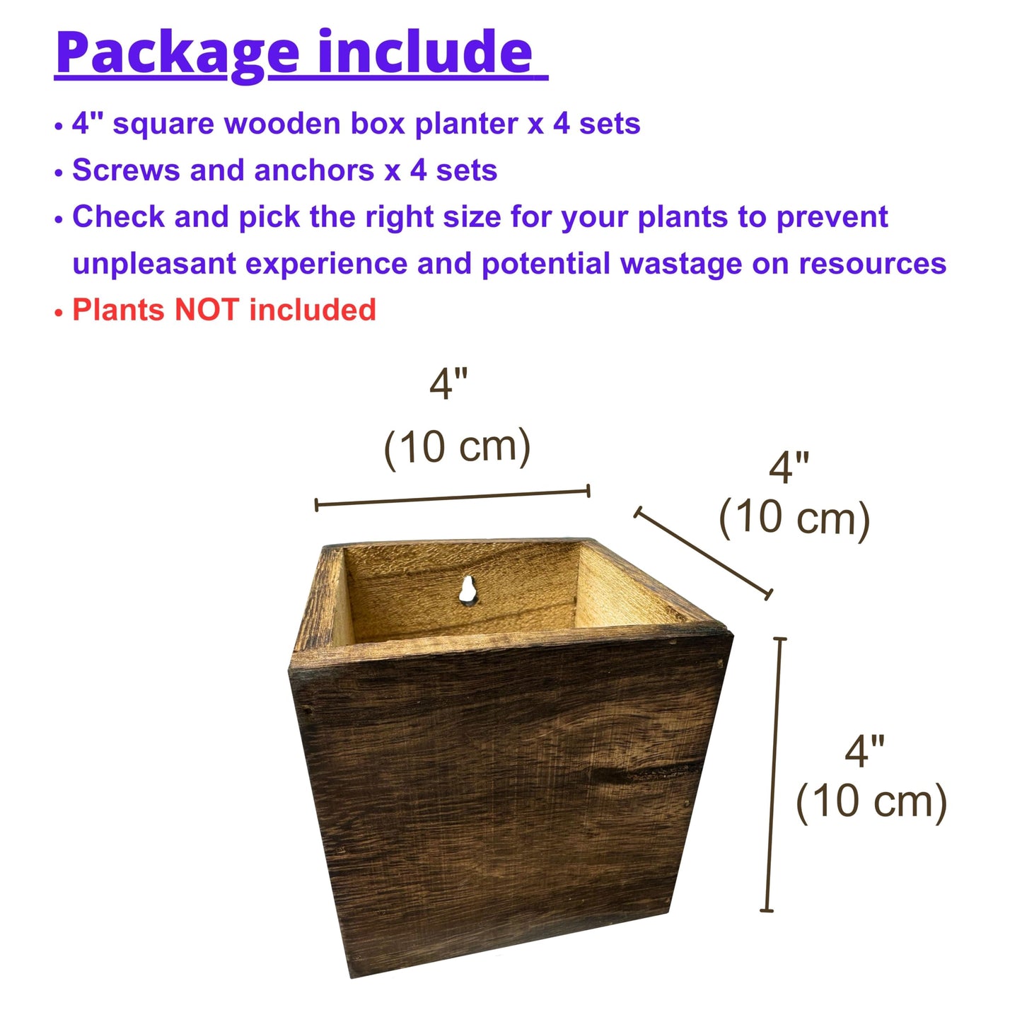 LaLaGreen Wood Planter Boxes (4x4 Inch, 4 Pack) Small Square Wooden Wall Mounted Flower Pot for Indoor Plants, Window Box Mount Hanging Herb Planters Outdoor Plant Holder Vertical Garden Home Decor