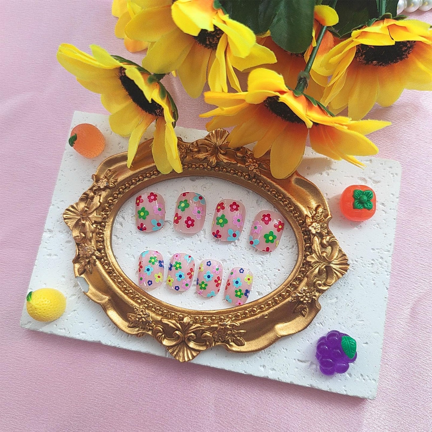 Square Press on Nails Short Fake Nails Spring Nails Press ons Glossy Glue on Nails Cute Acrylic Nails Nude False Nails with Colorful Flower Designs Artificial Stick on Nails for Women 24Pcs