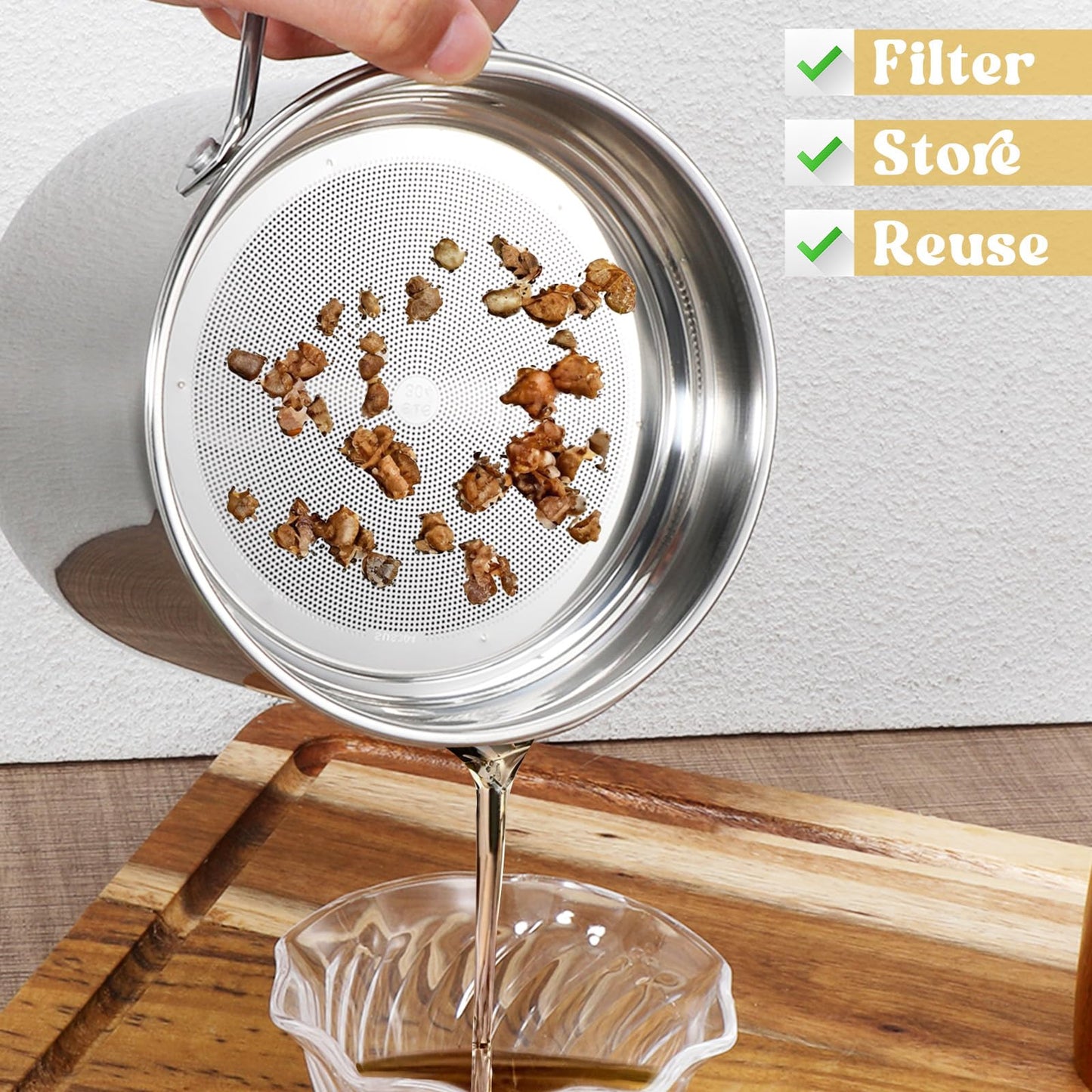 1.8L / 61 oz Bacon Grease Container with Strainer, 304 Stainless Steel Grease Container, Oil Filter with Fine Mesh Strainer and Dust-Proof Lid for Storing Frying Oil