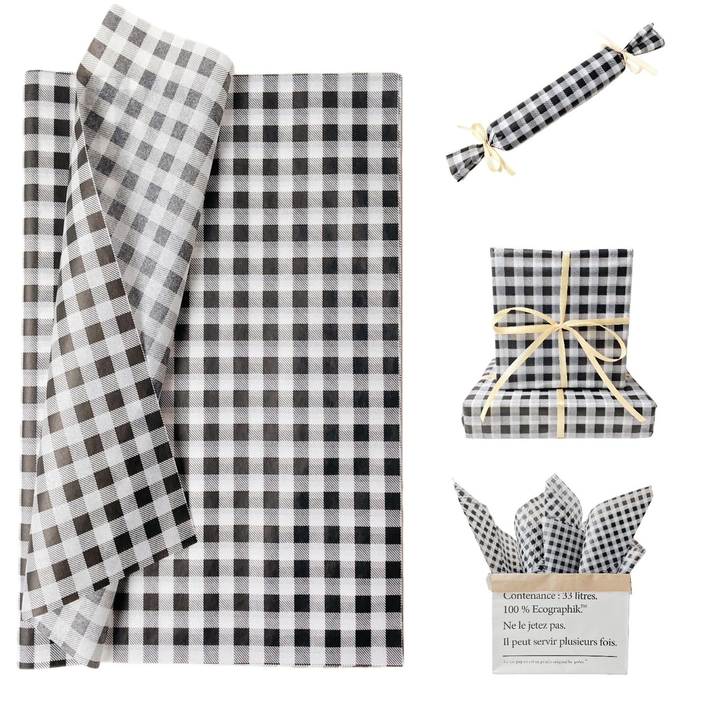 150 Sheets Buffalo Plaid Tissue Paper Gingham Black and White Checkered Tissue Paper Bulk Gift Bags Wrapping Tissue for Christmas DIY Art Craft Wedding Birthday Baby Shower Decor, 14 x 20 Inches