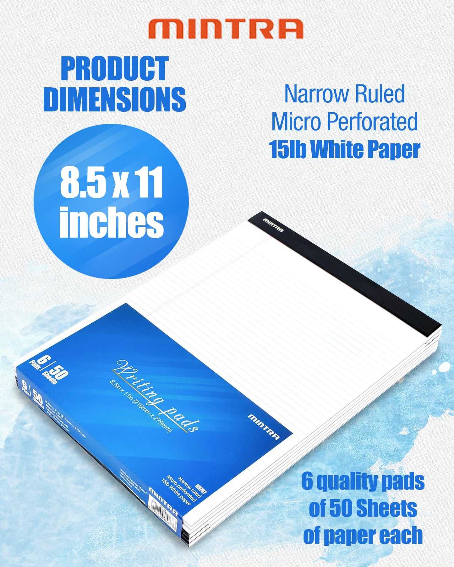 Mintra Office White Legal Pads – Ruled Notepads and Micro-Perforated Sheets, Ideal for Writing, Note-Taking & Creativity, Office, or Professional Use, Basic Pad 6 pack, 8.5"x11" (Narrow Ruled)