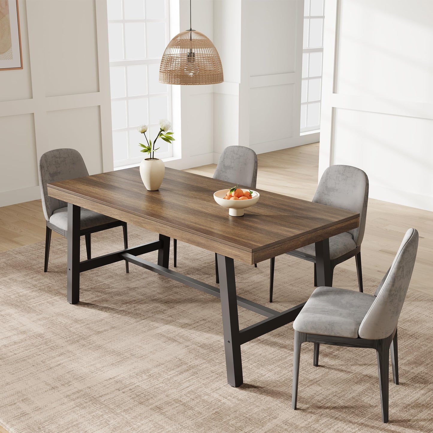 GarveeHome Industrial Dining Table for 4-6 People, 63 in Long Wooden Kitchen Table with Sturdy Metal Frame & Rustic Finish - Seats 4 Rectangular Counter for Dinner, Kitchen, Dining Room - Retro Brown