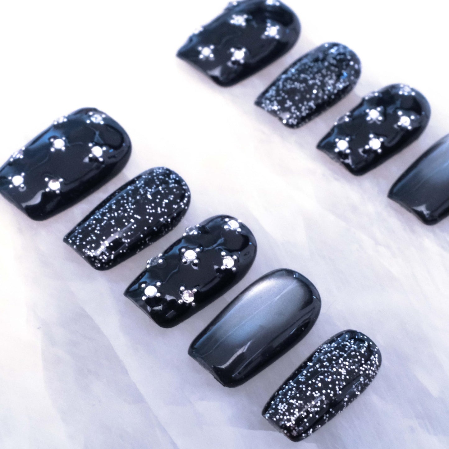 BlackStar - Handmade Press on Nails, Black Starry Sky with Cat Eye, Rhinestone Bling, Medium Ballerina Shape, 10 Pieces (Medium Size, MB)