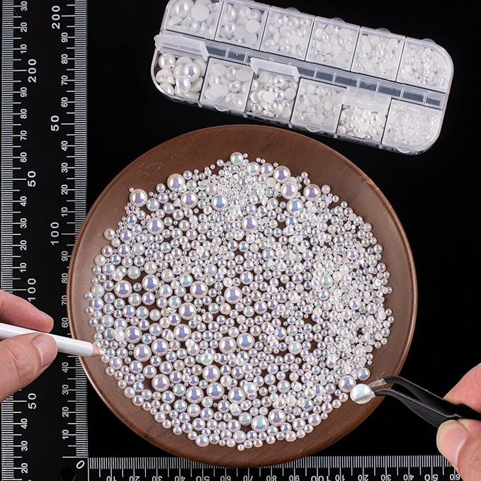 4000PCS Flatback Rhinestones and Half Round Pearls Kit #31, Multi Size Glass AB Crystals, Plastic Flat Back White AB & Beige AB Dome Bead with Pickup Pencil and Tweezer for Nail Art