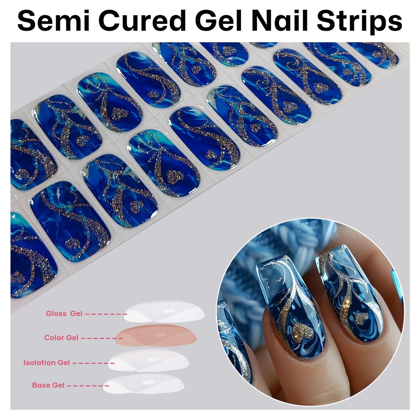 Semi Cured Gel Nail Strips with Gold Heart Designs Blue Gel Nail Strips Glossy Stickers Salon Quality & Easy to Use for Women 20 Pcs