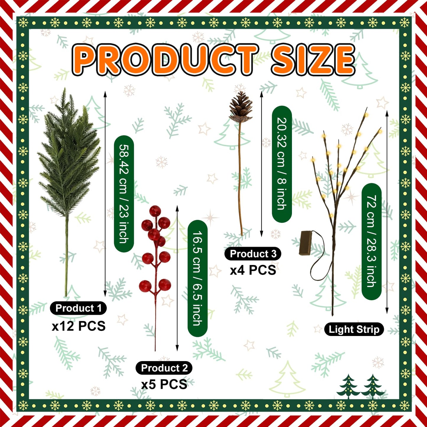NAYODEUS 22Pcs 23inch Christmas Norfolk Pine Branches, with a Branch stem lamp. Artificial Green Norfolk Pine Branch Plume, Suitable for DIY Handmade Wreaths and Home Decoration(with Light Strip).