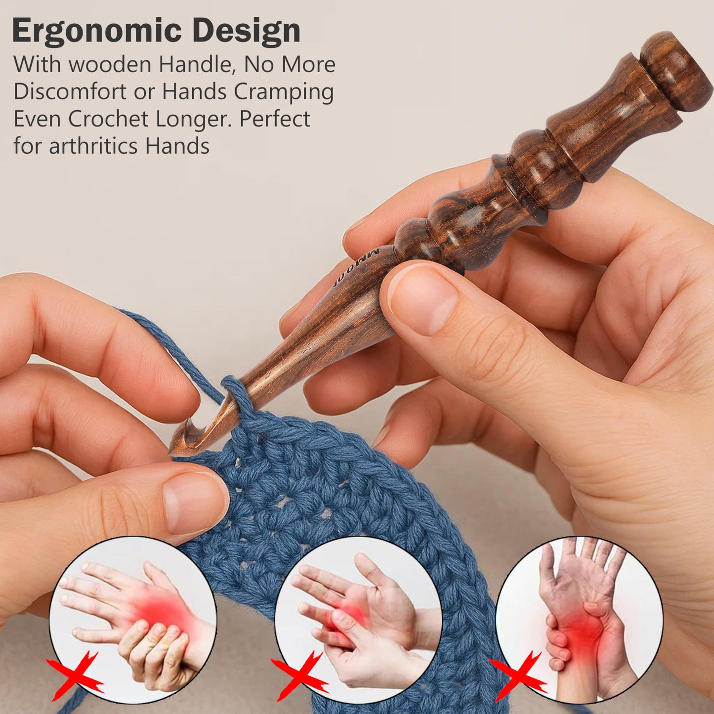 PIEWOOD - Wooden Crochet Hooks, Set of 7 Crochet Hooks Ergonomic Soft Grip Handle, Crochet Hooks for Crocheting Yarn, Knitting Gift for Her (Set of 7)