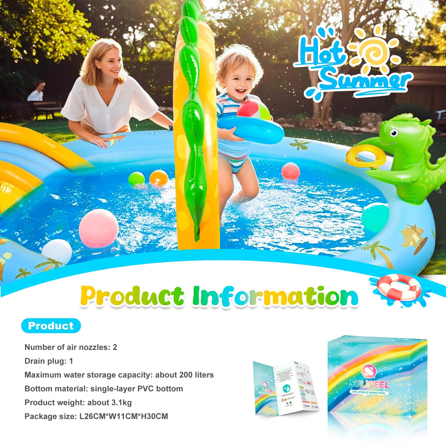 SULIFEEL Dinosaurs Inflatable Play Center Kiddie Pool with Slide and Sprinkler for Children, 96''x59''x39'' Baby Pool for Backyard and Garden