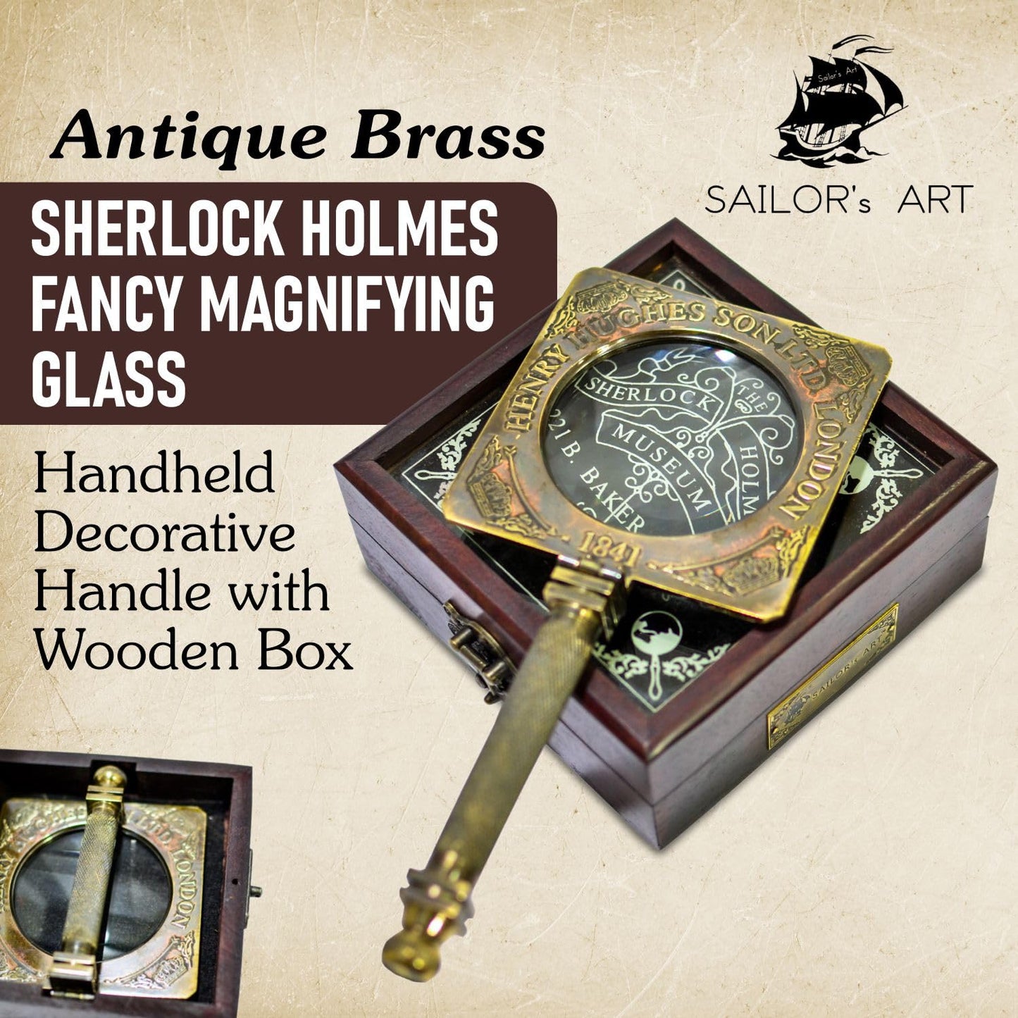 Sailor's Art Antique Brass Sherlock Holmes Fancy Magnifying Glass Handheld Decorative Handle with Wooden Box- Consulting Detective Home Decor- Decorative Design Science Students Detective kit