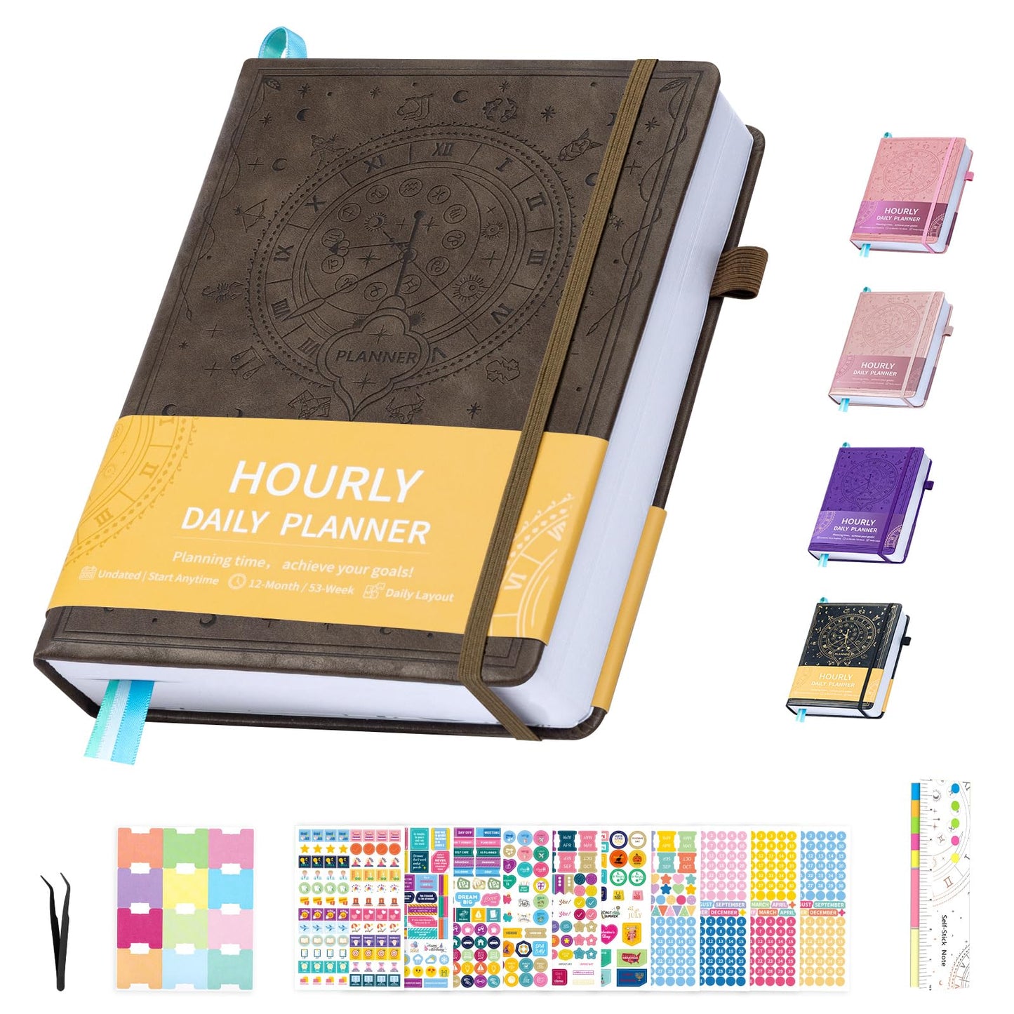 Undated 12 Month Planner Hardcover (5.5x8.5") - Weekly & Monthly Academic Life Organizer, Productivity Journal, Thick Paper, Sticker, Bookmark, Pen Loop(Brown)