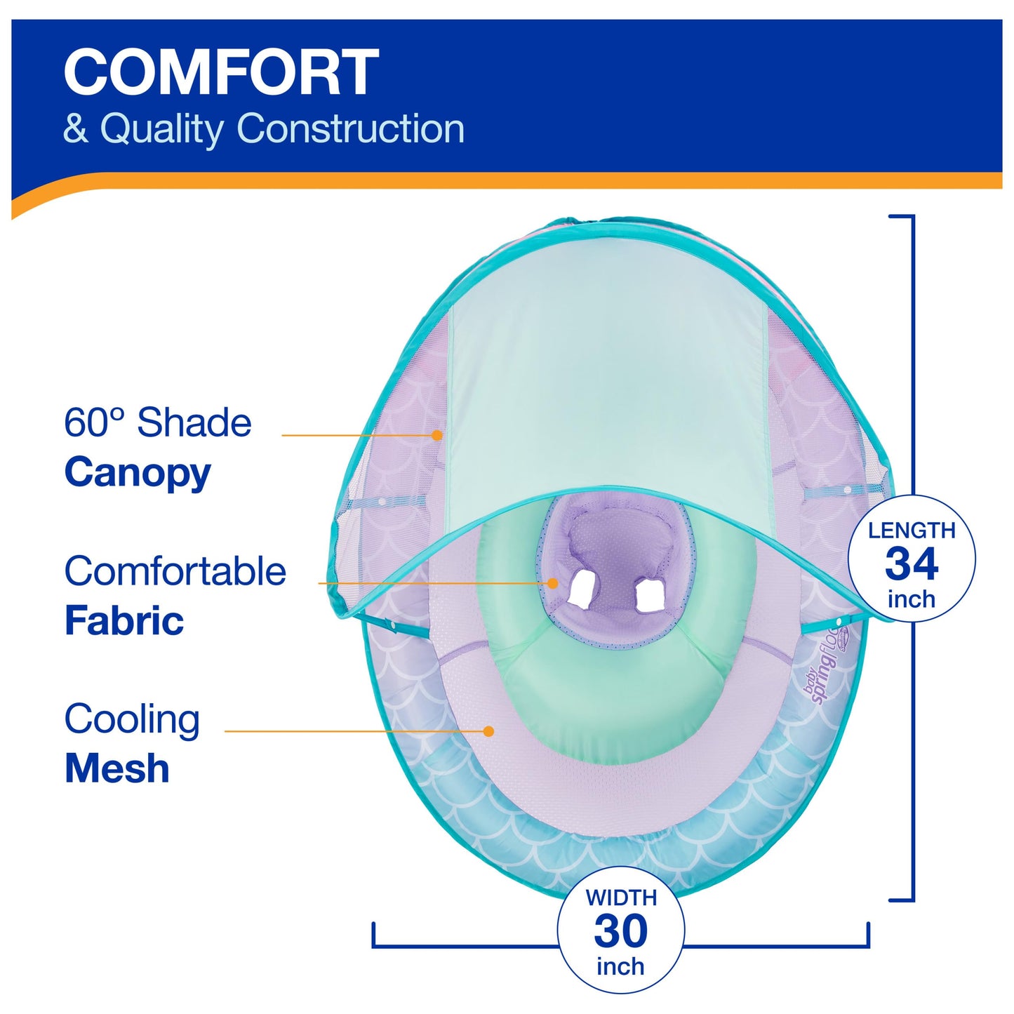SwimWays Baby Spring Float, Baby Pool Float with Canopy, Swim Training PFD, Swimming Pool Accessories for Babies and Toddlers 9-24 Months, Mermaid