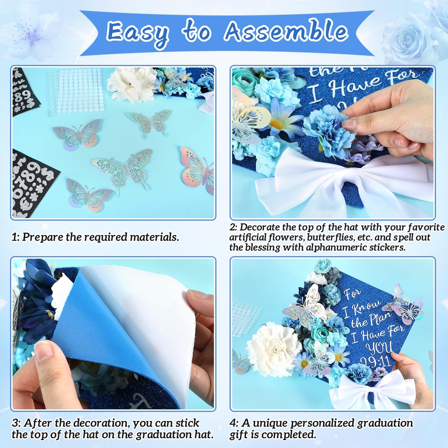 Naozinebi 55 Pcs Blue DIY Graduation Cap Decorations Faux Assorted Flowers blue Bows 3D Butterfly Stickers Glitter Alphabet Letter Number Decals for DIY Hat Grad Cap Topper Graduation Party Supplies