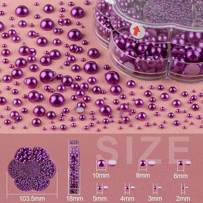 Nail Art Flat Back Half Round Pearl Kits 29, 1 Box of 6000 Pcs Flat-Back Dark Purple with Tweezer and Picker Pencil for Home DIY Nails Body Face Craft and Salon Use