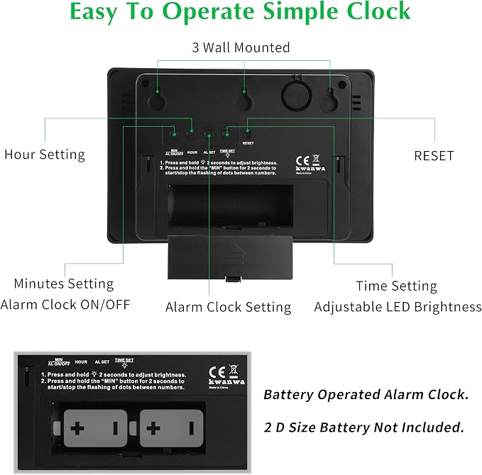 Alarm Clock,3" LED,3-level Brightness,Battery Operated,Wall-mount/Table-top