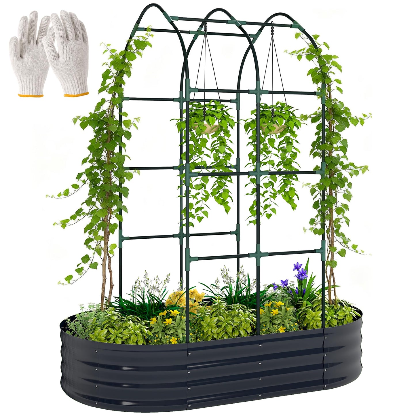 Outsunny Galvanised Raised Garden Bed with Arched Trellis, 5 x 3 x 6ft Metal Outdoor Planter Box with Open Bottom Design, Modular Raised Bed with Gloves for Vegetable Flower, Easy Assembly, Dark Gray
