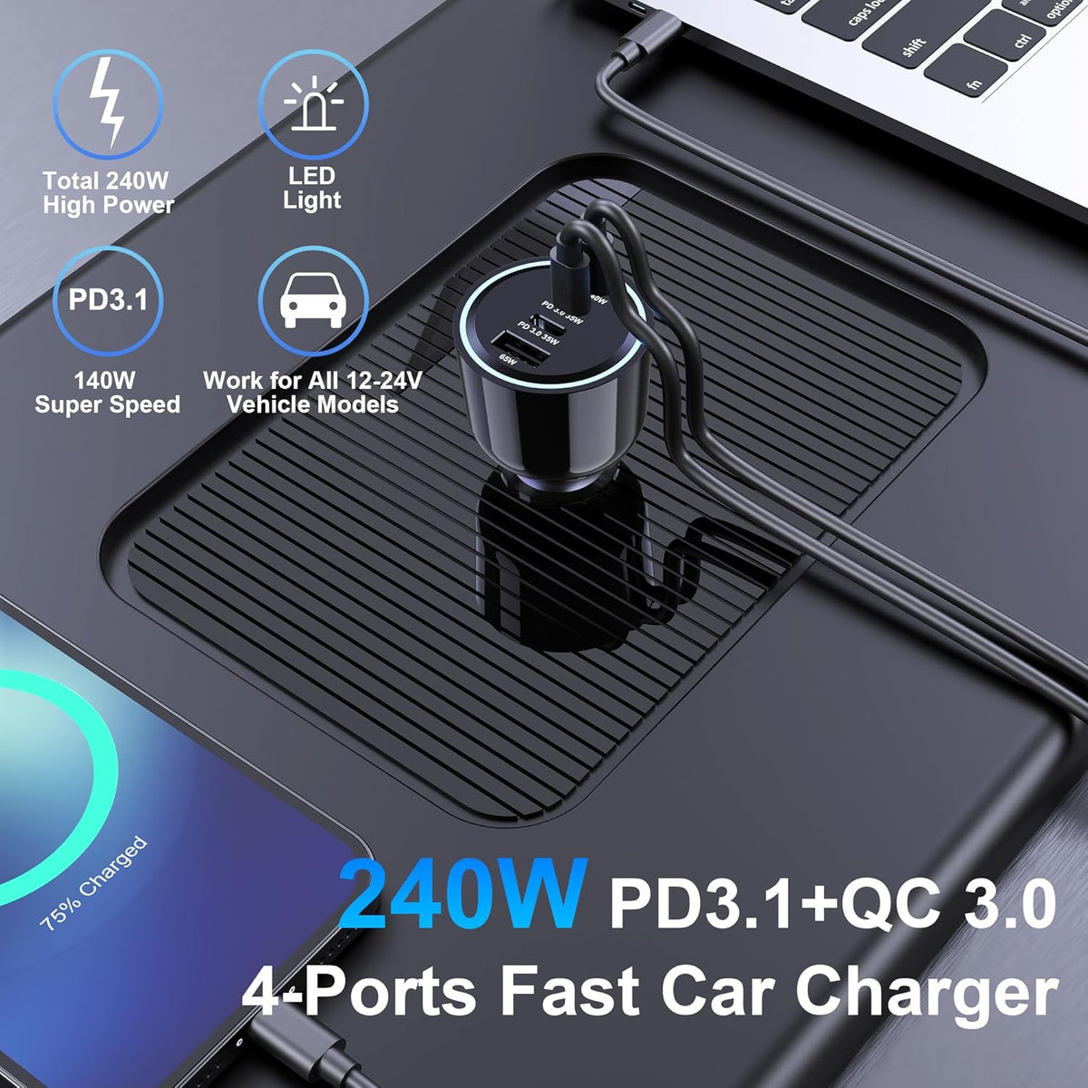 URVNS 240W USB C Car Charger, Super Fast Charging 4-Ports PD3.1 140W/PD3.0 100W PPS 45W QC65W Type-C Car Adapter for MacBook Pro Laptop iPhone 16 15 Max iPad Samsung Galaxy S24/23 Pixel etc
