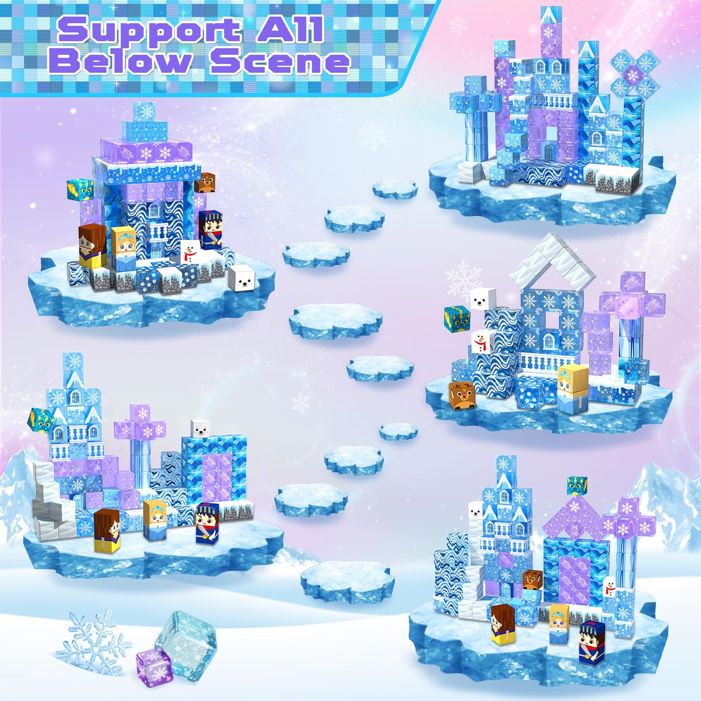 Magnetic Blocks - 100Pcs 0.8in Magnetic Building Block for Kids Ages 4-8, Transparent Magnet Block Blue Princess Castle, Magnet Cubes Tiles Princess Toy for Girl 3 4 5 6 7 8-12 Birthday Gift