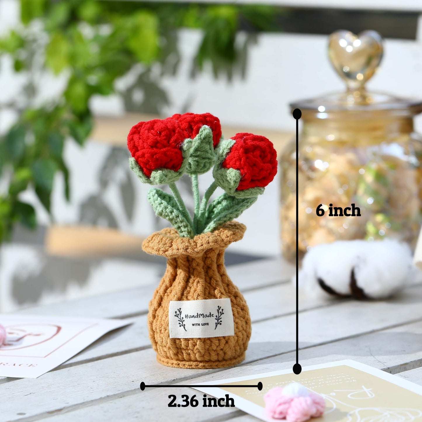 YOOJEE Crochet Rose Flower Potted Plant – Red, Valentines Day Gift for Her, Handmade Knitted Romantic Desk Decor