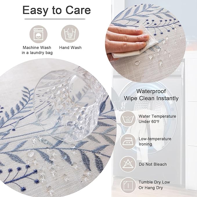 Joyfol Day Rustic Waterproof Linen Tablecloth, Heavy Weight Fern Embroidery Table Cloths for Rectangle Tables, Farmhouse Spill-Proof Table Covers with Tassels, Blue 55''x 120''