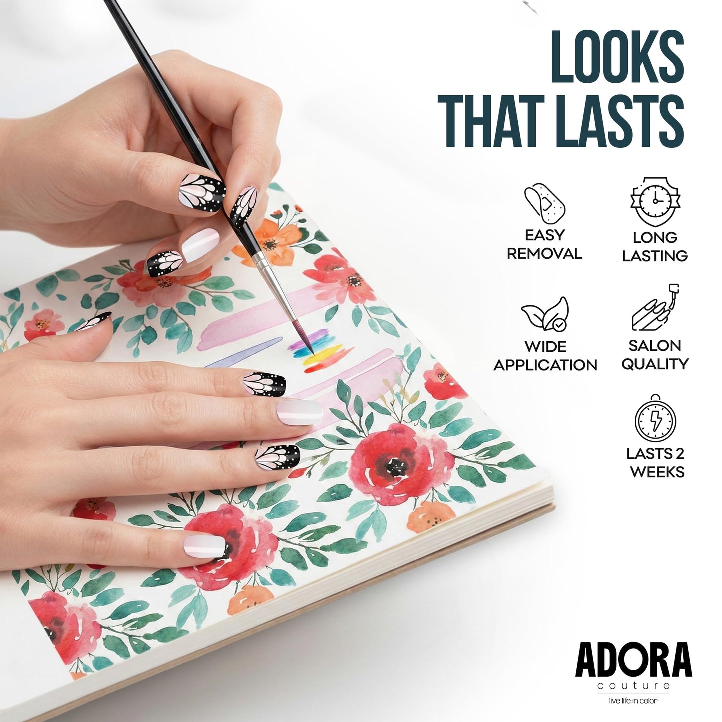 Adora Couture Semi Cured Gel Nail Strips with 30 Pieces - UV Gel Stickers, Manicure Kit, Easy Application Wraps Includes Prep Pads, Nail File, Wooden Stick - UV Light Required (Night Moth)