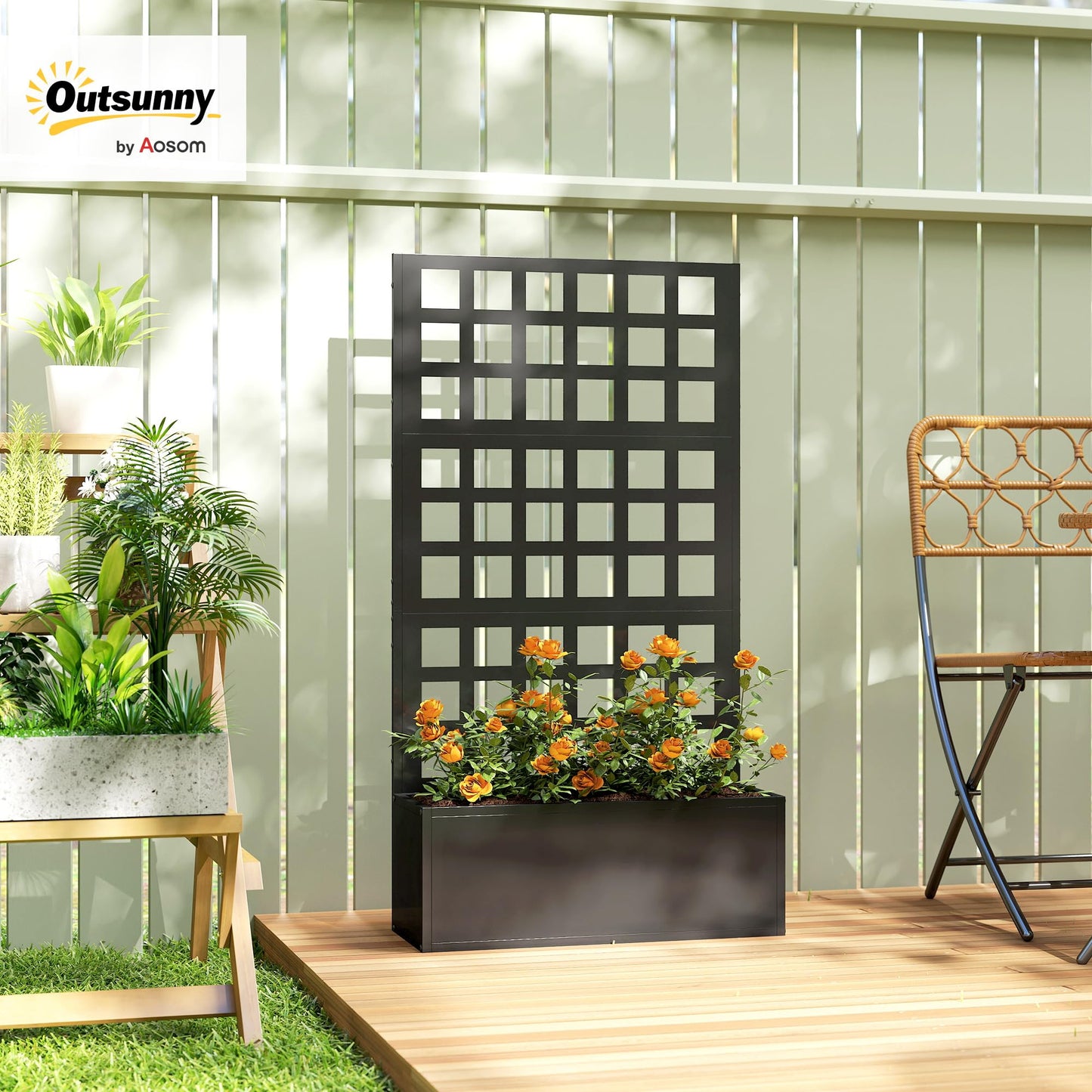 Outsunny Galvanized Raised Garden Bed with Trellis, Metal Planter Box with Drainage Holes, Outdoor Privacy Screen for Climbing Plants, Vegetable, Vines, 24" x 9" x 44.5", Black
