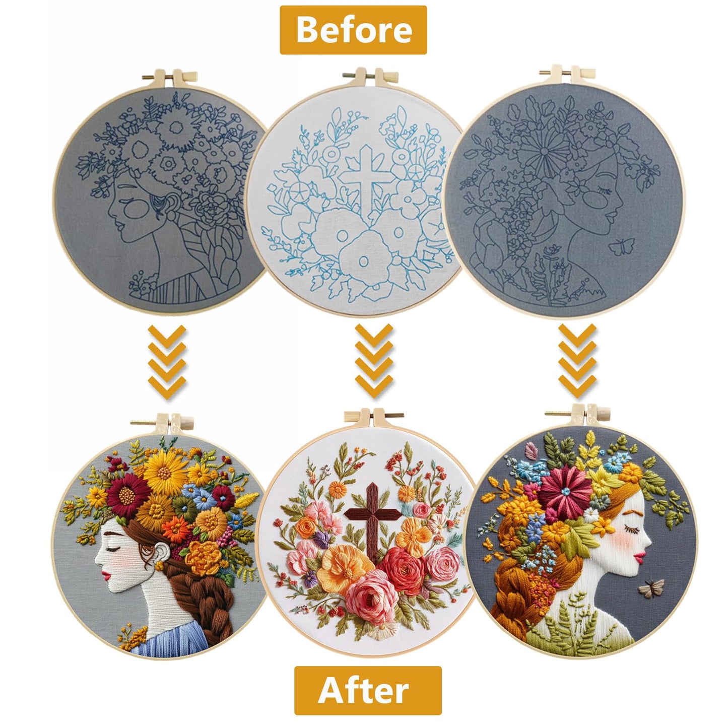 LYMIGER Floral Embroidery Kit for Adults, Flower Pre-Stamped Pattern Embroidery Kit for Beginners with Hoop Colorful Thread Needle Instruction, 7.9'' Hoop (Brown+Gold+Red)