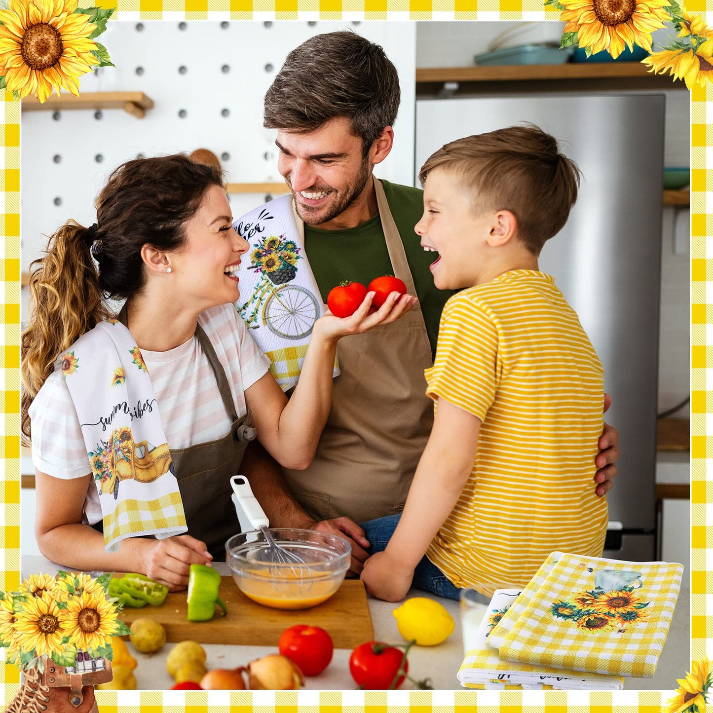 Oudain 6 Pcs Sunflower Kitchen Dish Towels Sunflower Absorbent Tea Towels Reusable Fast Drying Cleaning Dishcloths for Summer Housewarming Gift