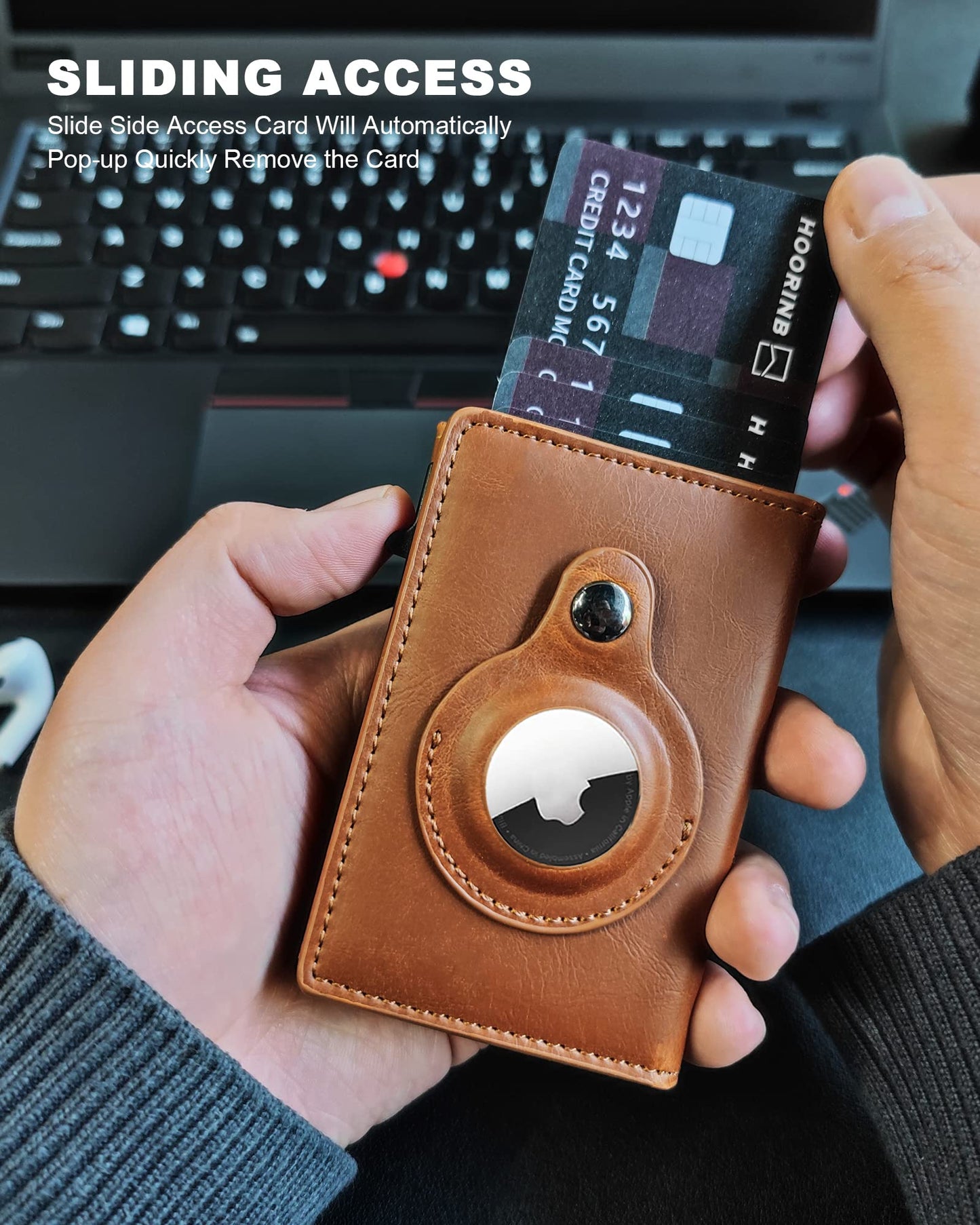 Handcrafted Leather Airtag Wallet for Men - Smart RFID Blocking Wallet with Quick ID Window & Dedicated Tracker Slot | Find My Compatible, Pop-Up Card Case