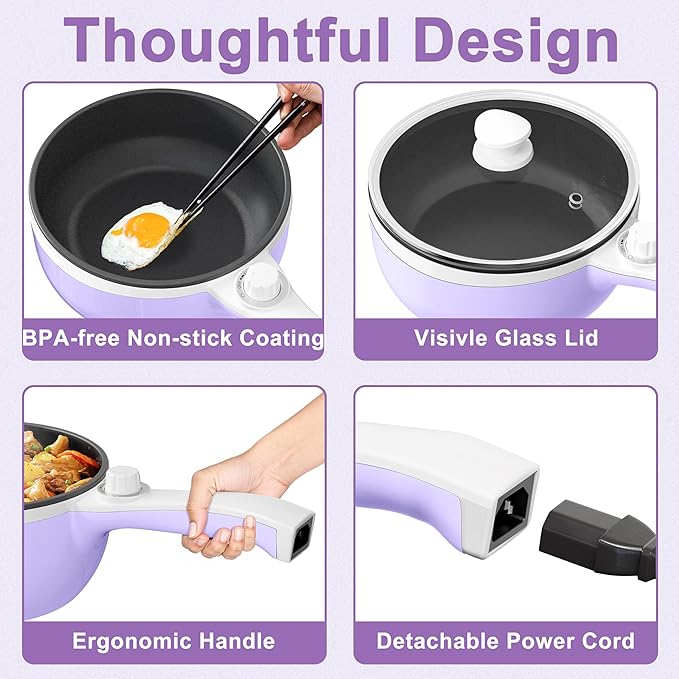 Dezin Hot Pot Electric Upgraded, Non-Stick Sauté Pan, Rapid Noodles Electric Pot, 1.5L Mini Portable Hot Pot for Steak, Egg, Fried Rice, Ramen, Oatmeal, Soup with Power Adjustment