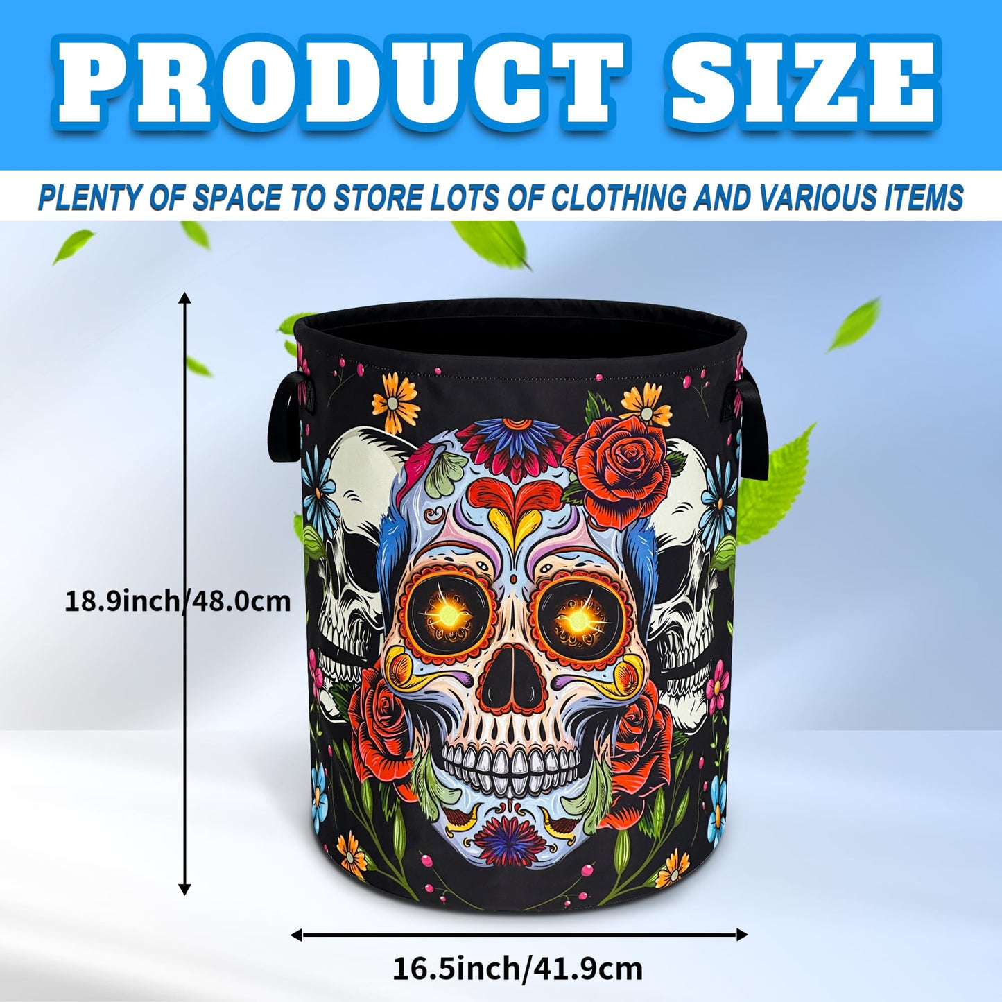 Sugar Skull Laundry Basket Skeleton Print Oxford Cloth Laundry Hamper With Handle Foldable Portable Clothes Storage Basket 18.9 X 16.5 In Storage Bag For Laundry Room/Bathroom/Bedroom/Dormitories