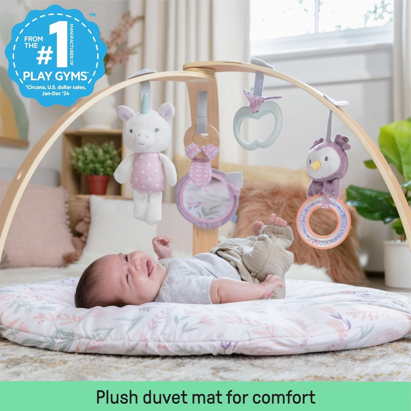 Ingenuity Cozy Spot Reversible Duvet Activity Gym & Play Mat with Wooden-Toy-bar - Calla (Pink), Newborn and up