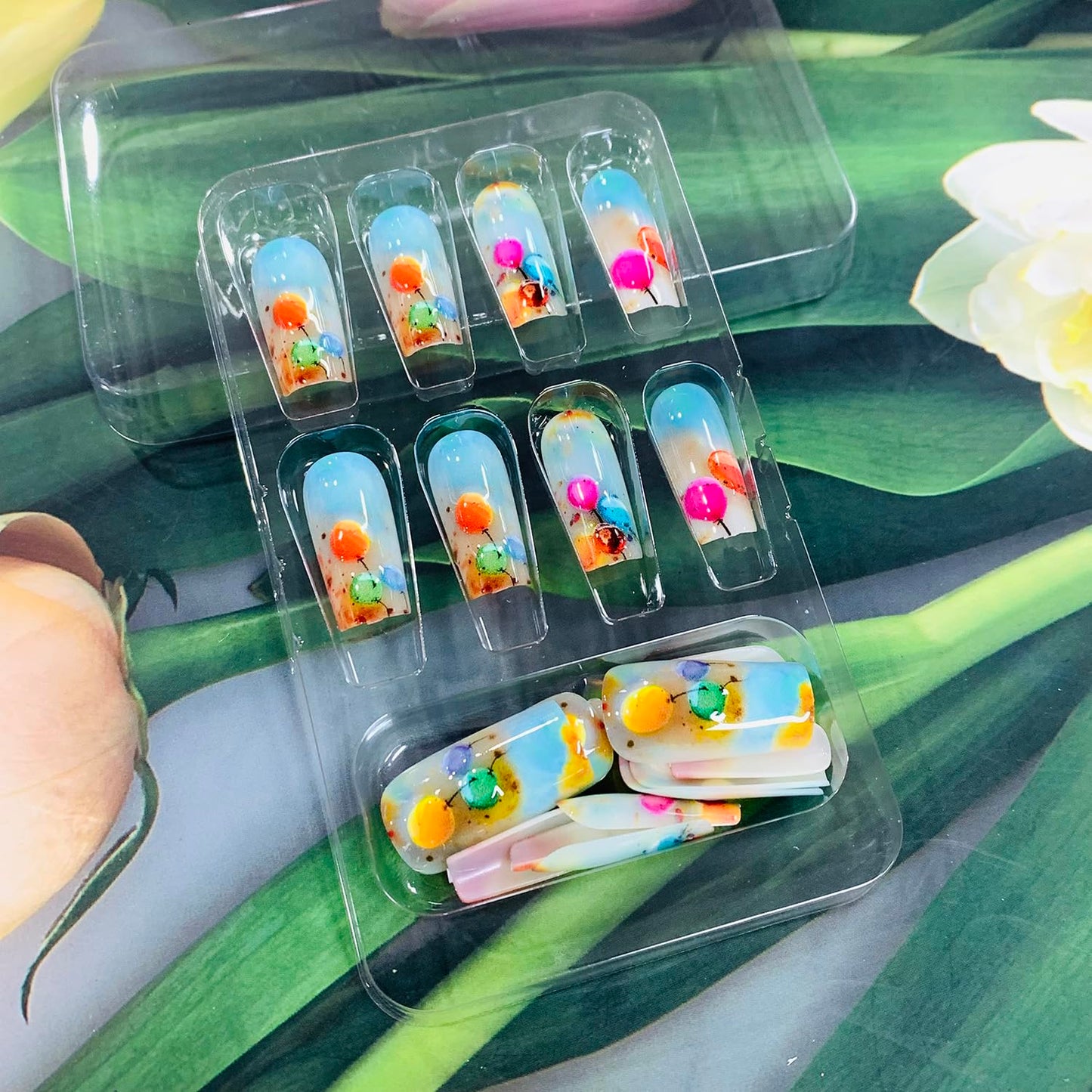 EYZOTSF Press on Nails Medium Square Shaped Acrylic Medium Square Shaped False Nails with Designs Artificial Short Coffin Fake Nails with Charms Glue ons Fingernails for Women Girls(FD040)