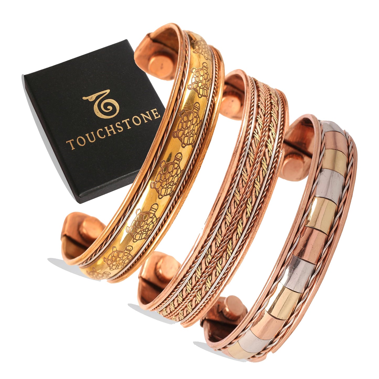 Touchstone copper bracelets | gift for men women |adjustable 100% pure solid real magnetic jewelry | handmade bracelet set combo | rope braided tibetan bangles. Set of 3 different designs