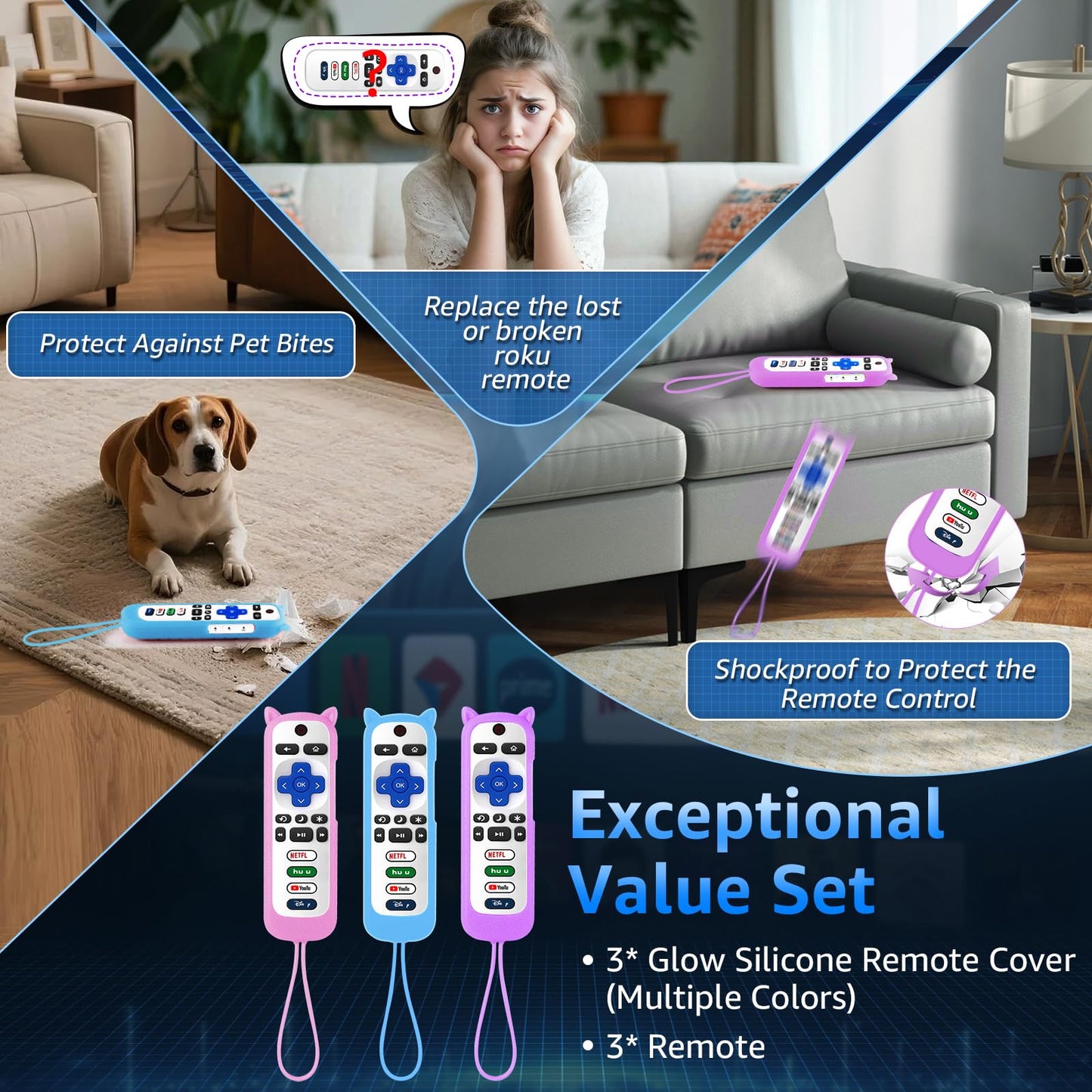 (Pack of 3) Replacement Remote Only for Roku TV with Soft Silicone Protective Cover (Glow in The Dark), Universal Remote for TCL/Onn/Hisense/Sharp/Element/Philips Roku Smart TV (Elegant White)