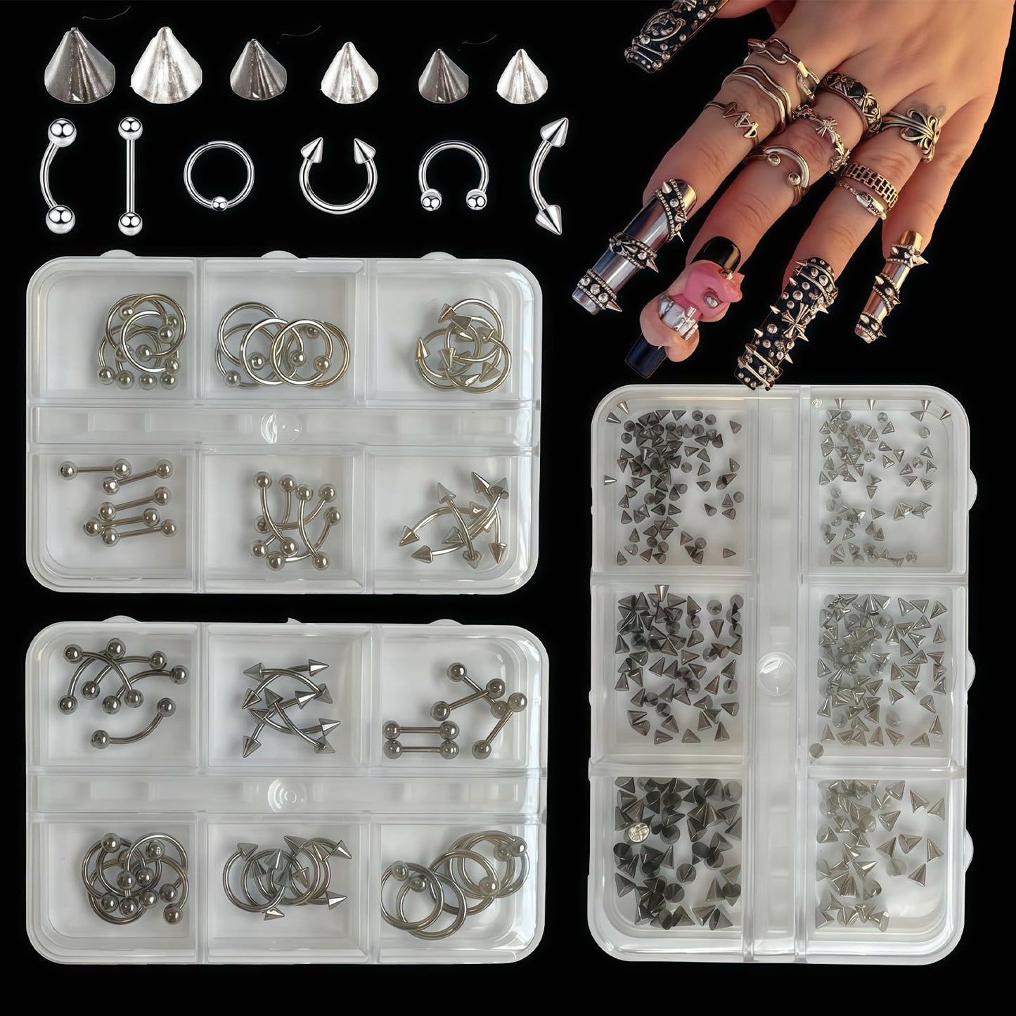 Pizadix 3 Box Punk Silver Nail Charms with Piercing, Studs for Nail Art Decoration