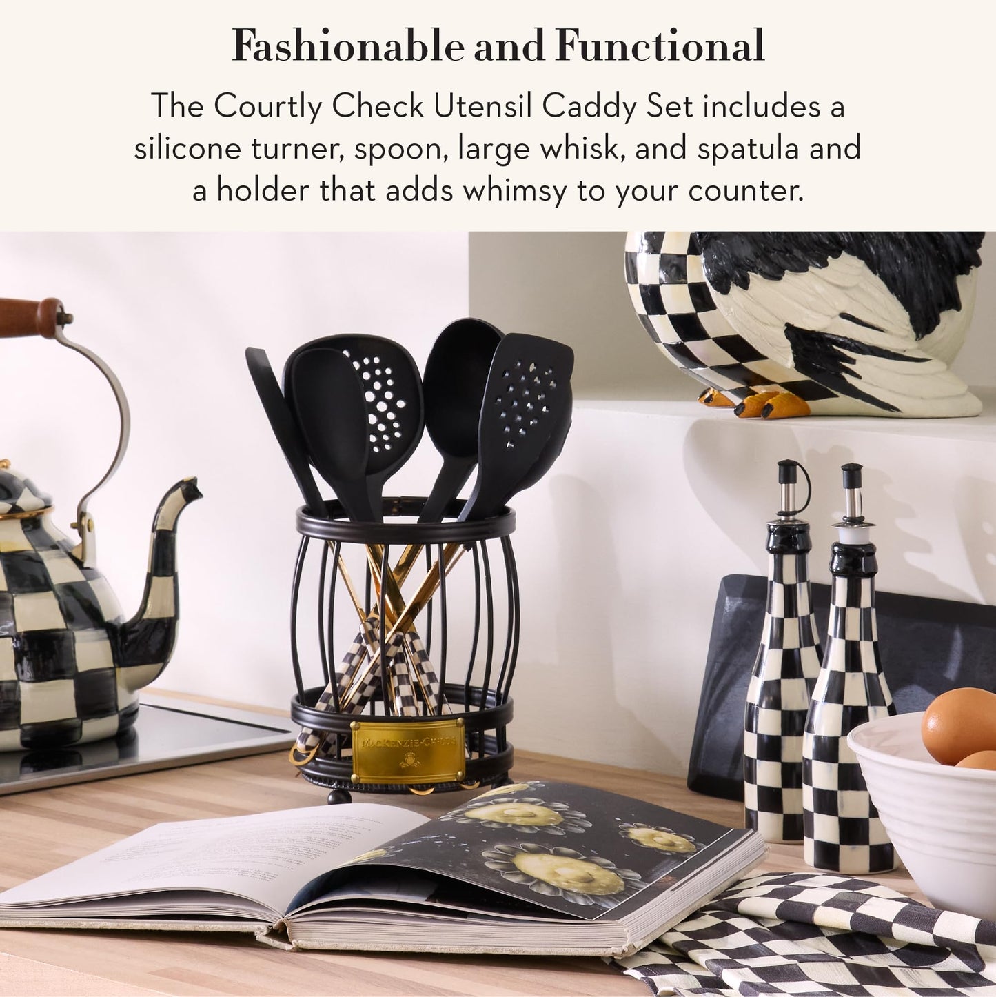 MACKENZIE-CHILDS Utensil Caddy Set with Kitchen Utensils, Black-and-White Courtly Check
