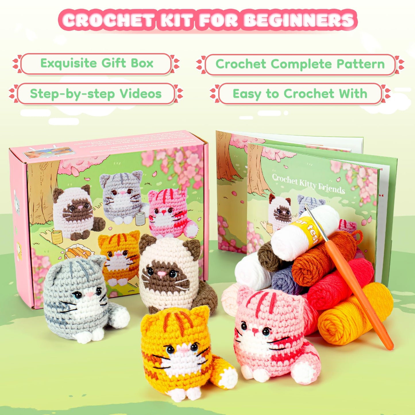 Crochet Kit for Beginners -4 PCS Cat Crochet Kit with Step-by-Step Video Tutorials, Learn to Crochet Kits for Adults, Beginner Crochet Kits for Adults, Animals Cat Crafts Knitting Kit Galentines Gifts