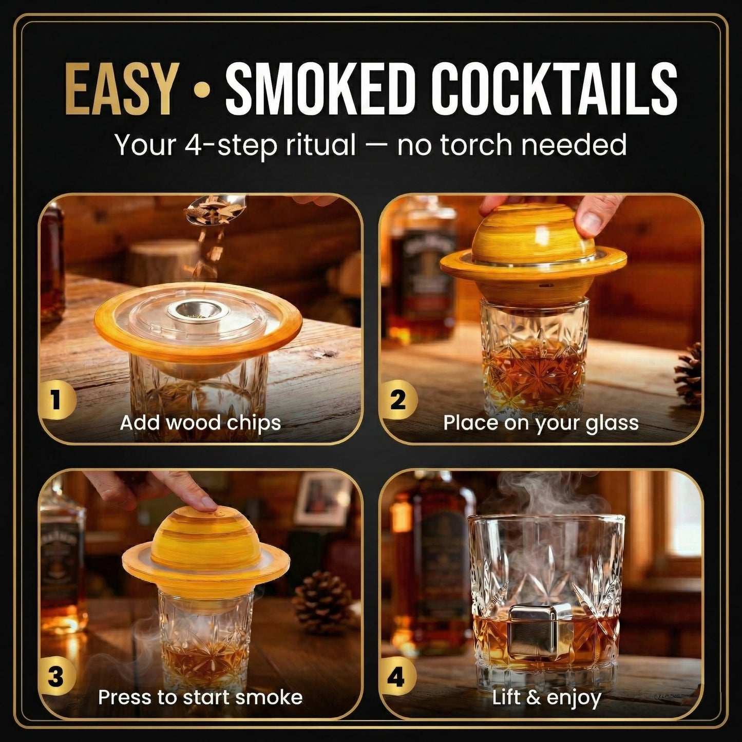 SATURIX Electric Cocktail Smoker Kit - Rechargeable Whiskey Smoker with 6 Wood Chip Flavors, Flame-Free, USB-C Charging, Old Fashioned & Bourbon Gift Set for Men, Husbands & Dads