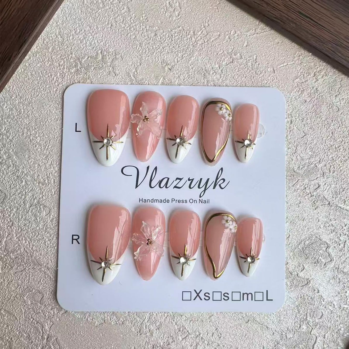 Brown French Tip Press On Nails Medium Almond ，3D Metallic Rhinestones style Design Handmade Press On Nails ，Reusable Glam Art Acrylic False Nails (10 PCS) M SIZE