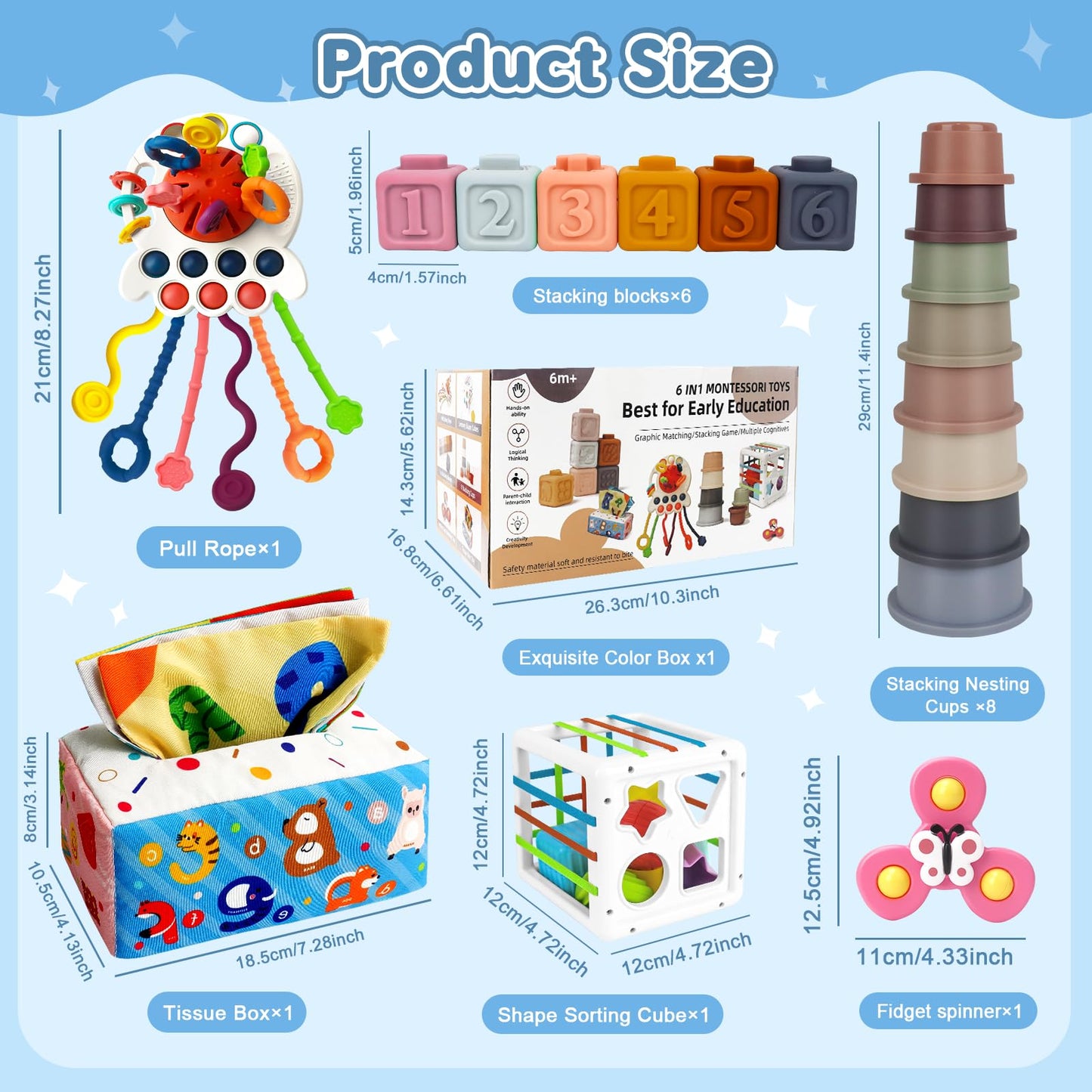 EPOGG 6 in 1 Montessori Toys for Babies 6-12 Months Up - Incl Pull String Toy, Stacking Cups, Tissue Box, Suction Cup Spinner, Stacking Blocks,Activity Cube, Baby Toys for 1 2 3 Year Old